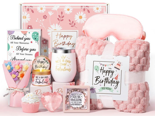 Birthday Gifts for Women Friendship, Unique Happy Birthday Gifts Basket for Mom Her Best Friend Sister Wife Girlfriend Coworker, Luxury Self Care Box Rose Relaxing Spa Gifts Set for Women with Blanket