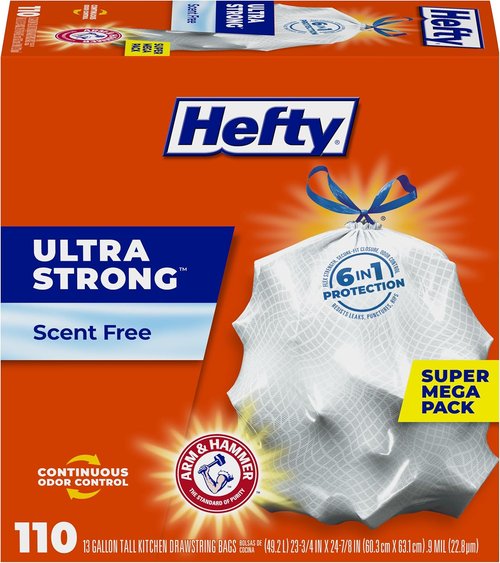Hefty Ultra Strong 13 Gallon Trash Bags - Drawstring Closure & Odor Control | 110 Unscented Bags