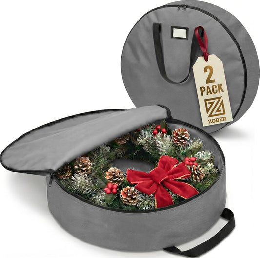 ZOBER Oxford Christmas Wreath Storage Bag - 30 Inch Waterproof Container with Dual Zippers & Durable Handles - Gray