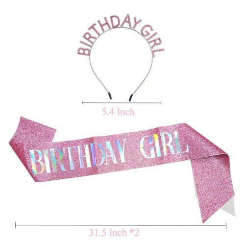 GREATRIL Pink Birthday Girl Tiara and Sash Crown Headband for Her Princess Birthday Party Pink Accessories
