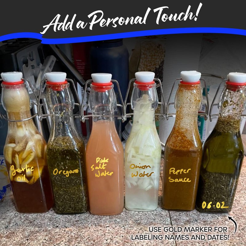 Nevlers 8.5 Oz Square Swing Top Glass Bottles with Stoppers | Flip Top Glass Bottle with Lid 6 Pack | Liquor Bottle Set w/Funnel, Brush & Marker | Water, Dressing & Homemade Vanilla Extract Bottles