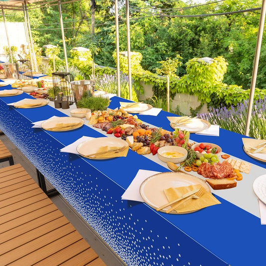3Pcs Blue and Silver Tablecloth Party Decorations,Plastic Royal Blue Table Cloth Printed Silver Table Runner Disposable Rectangle Tables Cover for Anniversary Wedding Graduation 2025 Party,54x108 Inch