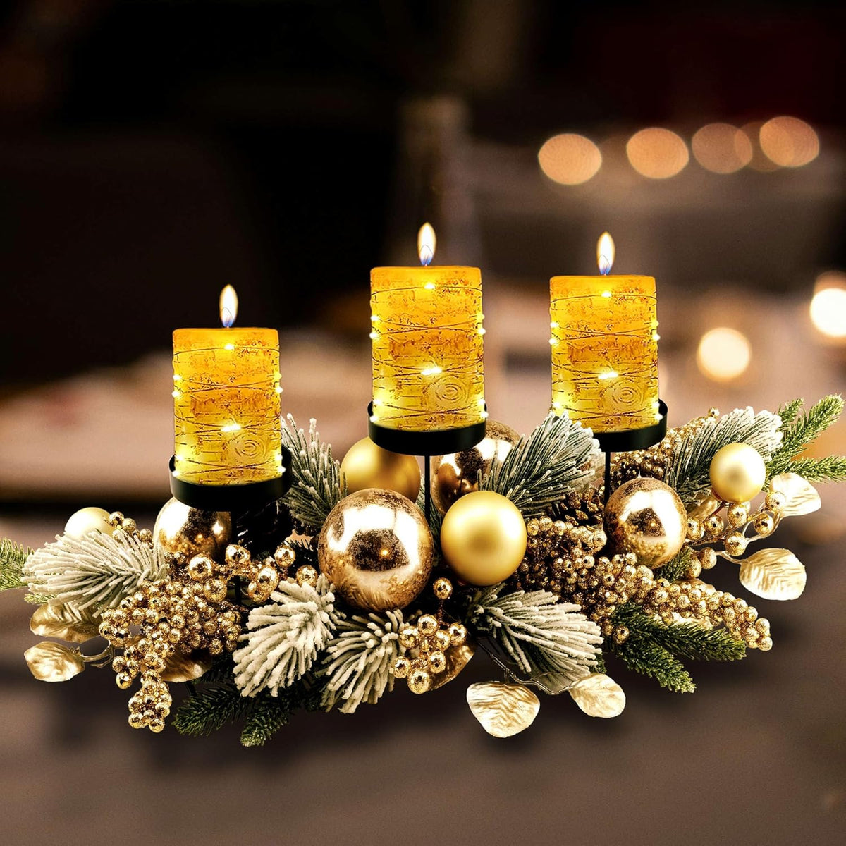 YULETIME 28" Christmas Triple Candelabrum - Elegant Holiday Candle Holder with Gold Baubles & Flocked Pine Needles