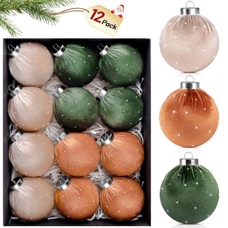 TonJin Christmas Tree Ornaments Velvet Balls 12 Pack, 3.15"/80mm Glitter Shatterproof Hanging Flocked Large Xmas Bulbs Decorations, Lightweight,Green Burnt Orange Neutral Holiday Party Home Decor