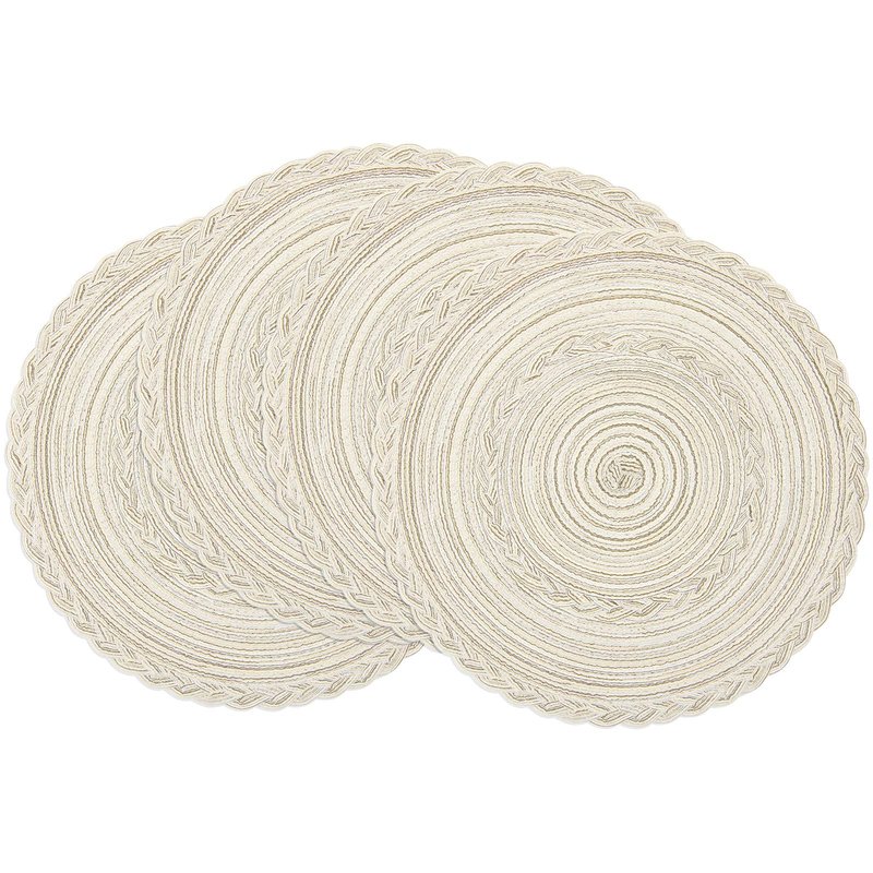 SHACOS Round Placemats Set of 4 Boho Braided Border Place Mats for Dining Tables Wedding Holiday Party (Ivory Bordered, 4)