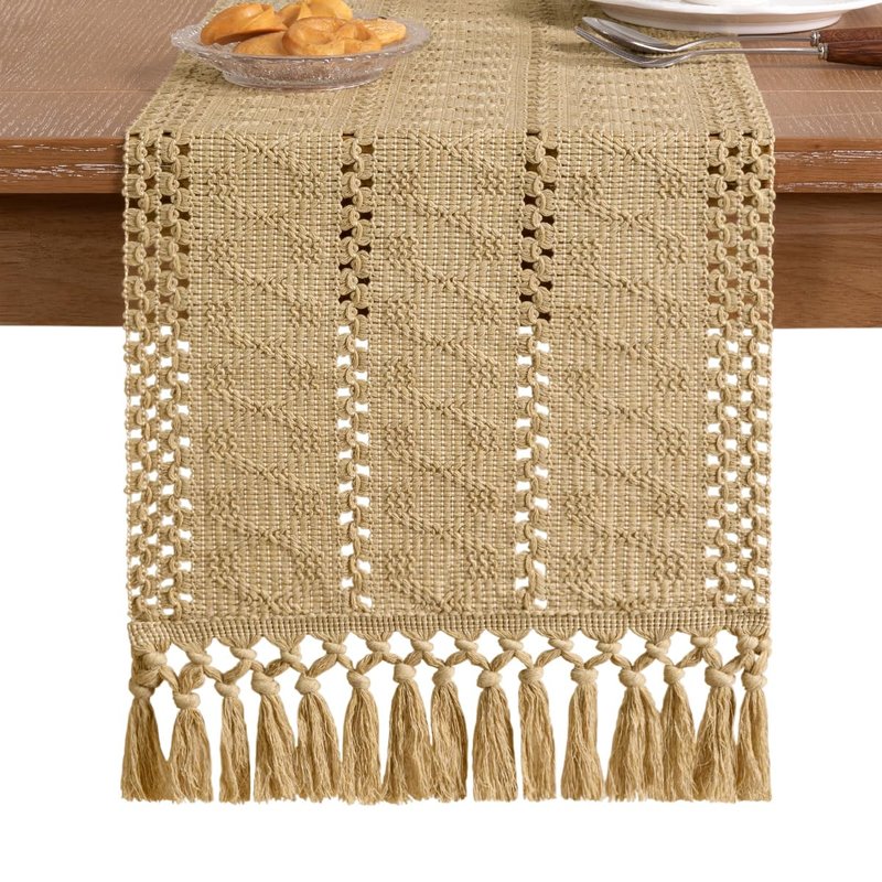 Socomi Boho Table Runner Summer Farmhouse Rustic Dining Kitchen Centerpiece Decor Small Macrame Woven Cotton Linen Coffee Table Runner for Dresser Scarf Home Decor 12x48 inch Champagne
