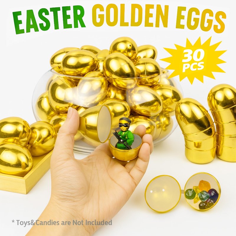 Celmuron Golden Easter Eggs 30 Pack, 2.36'' Fillable Plastic Eggs for Easter Egg Hunt, Basket Stuffers, Party Favors & Holiday Decorations