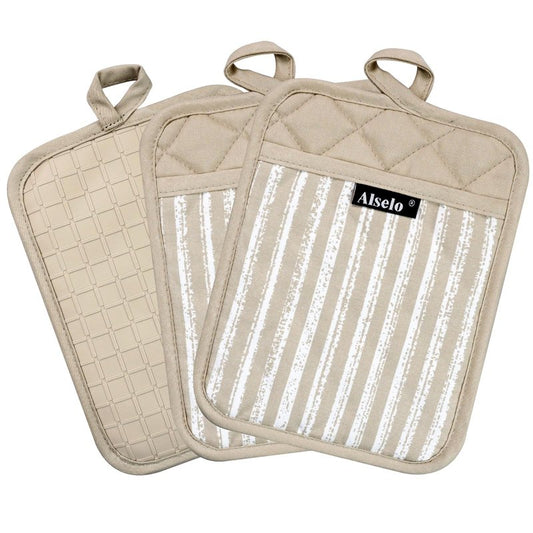Alselo Silicone Pot Holders Set of 3 Heat Resistant & Non Slip Potholders, Professional Oven Hot Pads with Pockets Mitts for Kitchen Cooking Baking Barbecue (Khaki, 3)