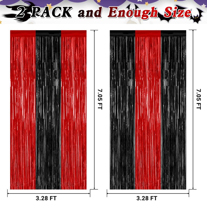 2 Pack Backdrop Curtains, 3.28 FT x 7.05 FT Black and Red Party Decor, Metallic Party Streamer Tinsel Foil Fringe Curtains, Foil Curtains Backdrop Halloween Decorations Party Supplies