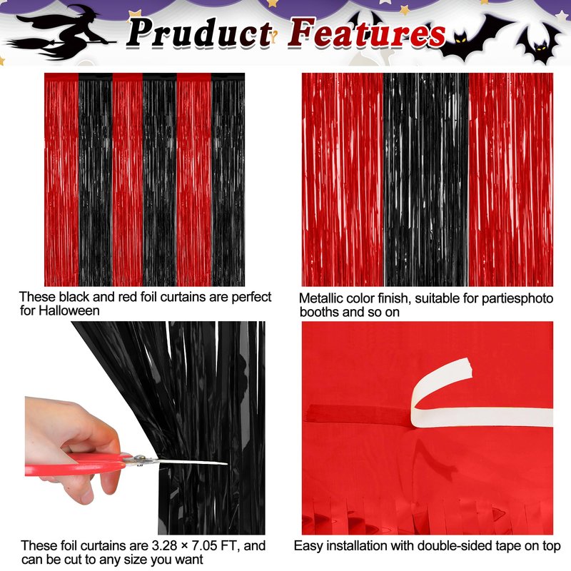 4 Pack Halloween Wall Backdrop, 3.28 FT x 7.05 FT Red and Black Party Streamer, Metallic Tinsel Curtains Fringe Backdrop Foil Streamer, Halloween Hanging Decor Casino Theme Party Decorations