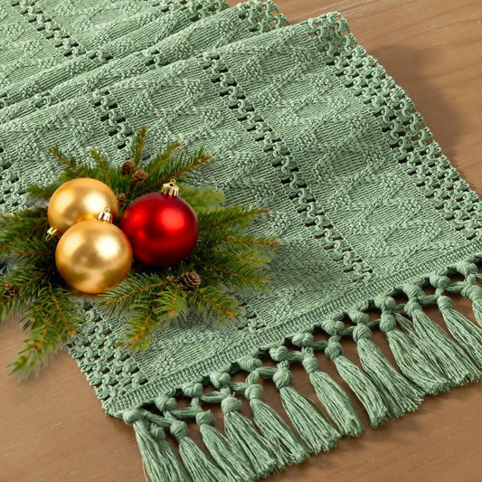Socomi Sage Green Boho Table Runner Summer Farmhouse Rustic Dining Kitchen Centerpiece Decor Small Macrame Woven Cotton Linen Coffee Table Runner for Dresser Scarf Home Decor 12x60 inch