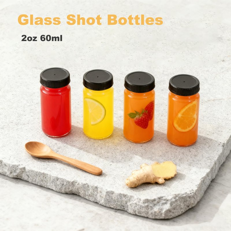 12 Pack 2 oz Glass Shot Mini Bottles with Black Lids - Reusable Leakage-Proof Small Clear Jar for Ginger, Wellness Shot, Juice, Sample, Whiskey, Essentials - Wide Mouth Containers, Dishwasher Safe