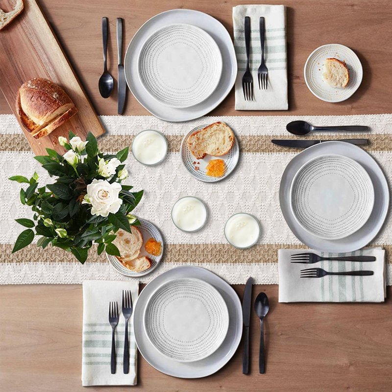OTOSTAR Boho Table Runner with Tassels 108 Inches Long Farmhouse Rustic Table Runner Macrame Burlap Table Decoration for Home Decor Living Room Bridal Shower, Double Striped (12x108 Inches)