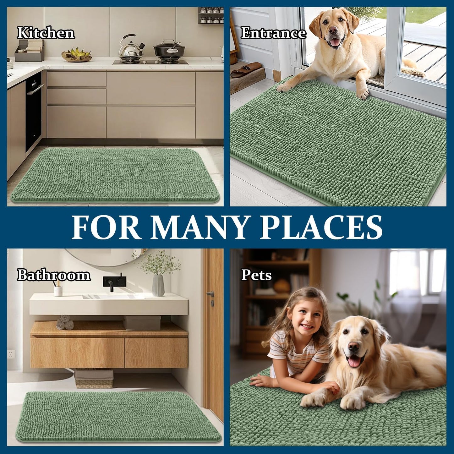 OLANLY Dog Door Mat - Absorbent Non-Slip Chenille for Muddy Paws | 48x30 Inches, Quick Dry, Olive Green