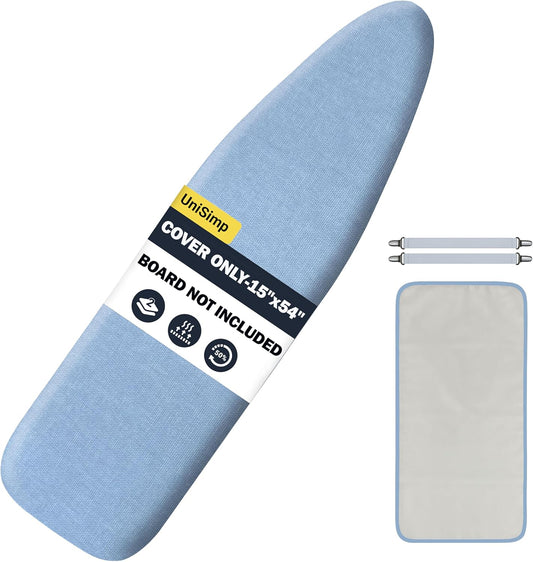 UniSimp Ironing Board Cover - Extra Thick Natural Cotton, Scorch & Stain Resistant | 15"x54", Heatproof Blue