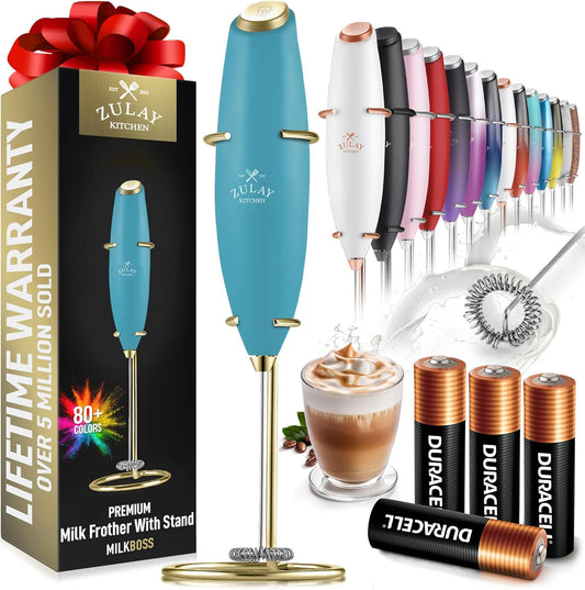 Zulay Kitchen Milk Frother Wand - Ultra-Fast Handheld Drink Mixer with 4 AA Batteries - Lake Gold