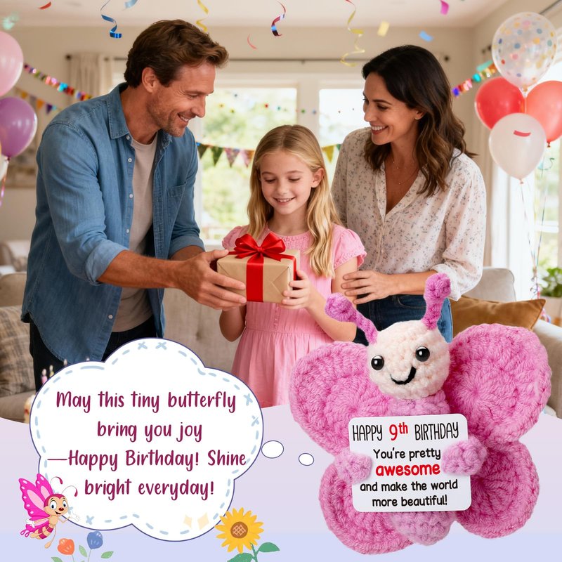 Weming Pink Crochet Butterfly 9th Birthday Gift, Handmade 4" Amigurumi Plush with “Happy 9th Birthday” Sign, Cute Small Stuffed Butterfly for Girls Daughter Granddaughter Tween Desk Decor