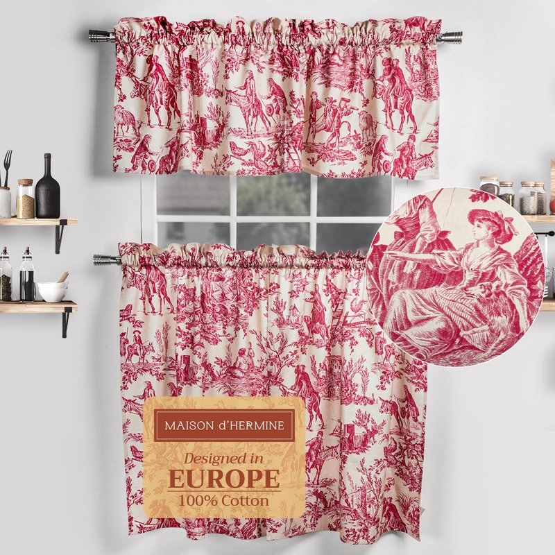 Maison d' Hermine Kitchen Curtain Set for Windows 100% Cotton Set of Kitchen Curtain Valance for Home [2 Tier (28"X36") and 1 Valance (56"X18")] Café Gifts for Mothers Day (The Miller - Red)