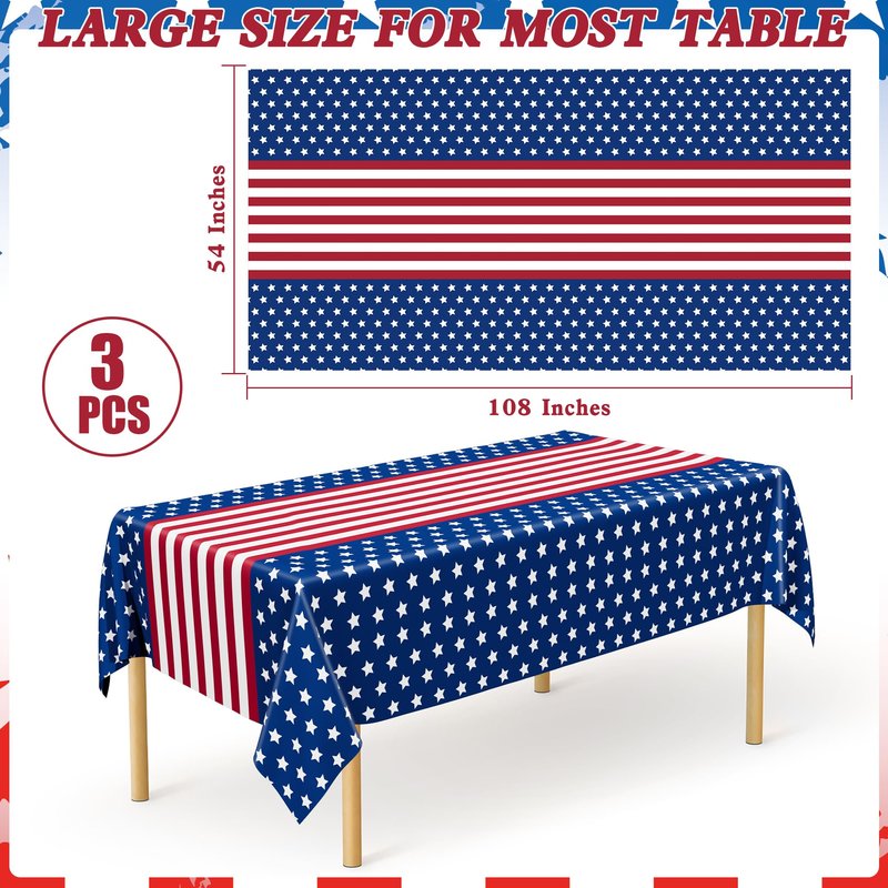 3Pcs 4th of July Tablecloths, 108" X 54" 250th Anniversary Patriotic Plastic Tablecloth, Rectangle 4th of July Table Cloth Red White Blue Tablecover, USA Party Supplies Independence Day Decorations
