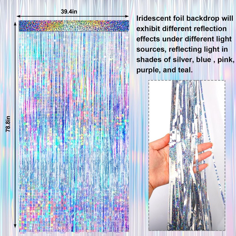 4 Packs Silver Foil Fringe Curtain, Silver Glitter Metallic Tinsel Backdrop for Birthday, Wedding, Baby Shower, Bachelorette, 70s 80s 90s Theme Disco Party, Iridescent Party Decorations Supplies