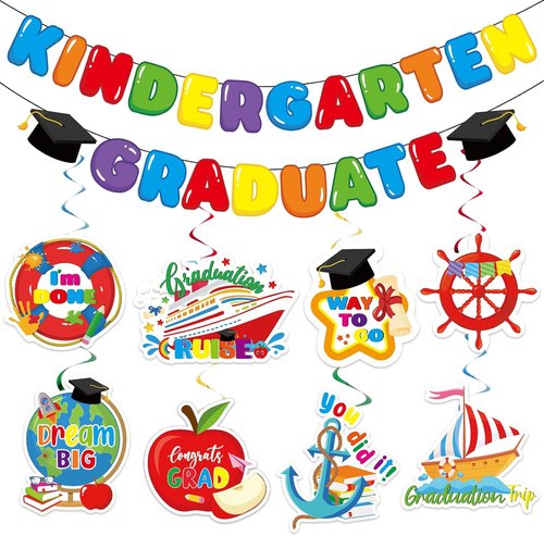 FYSUIMU Graduation Decorations - Hanging Banner & Swirls for Preschool Party | Congrats Grad!