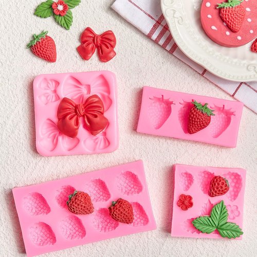 JOERSH 4PCS Strawberry Fondant Molds, Bow Fondant Silicone Molds, Fruit Baking Mold for Cake Decorating, Cupcake Topper, Chocolate, Candy, Candle, Clay