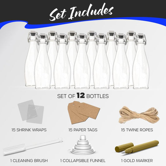 Nevlers 17 Oz Teardrop Flip Top Glass Bottle with Stopper 12 Pack | Swing Top Glass Bottles with Airtight Lid, Funnel, Brush, Tags, Marker & Shrink Wrap | Soda Bottles | Air Tight Bottle For Liquids
