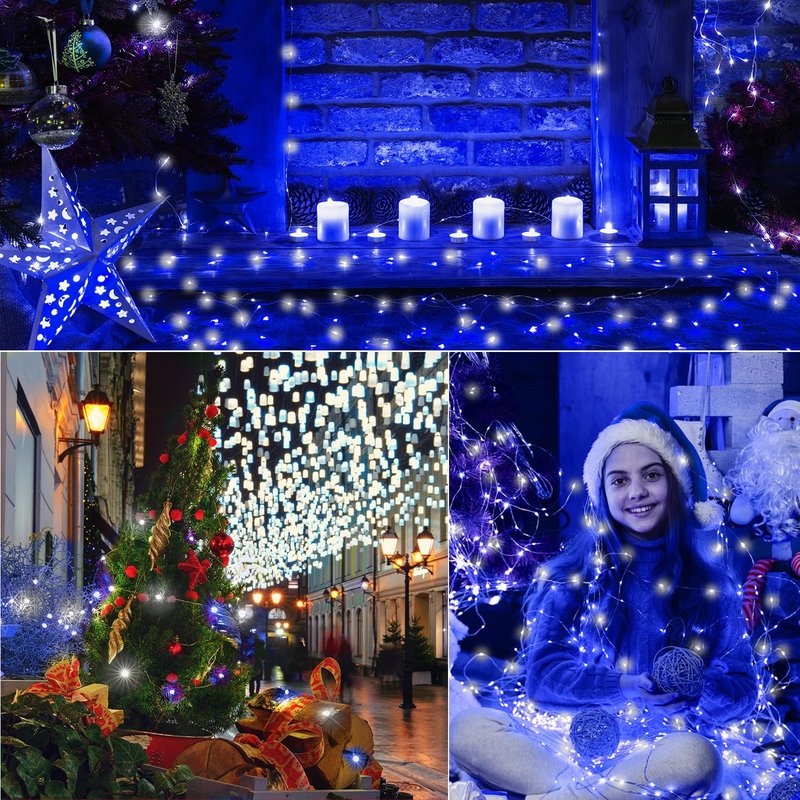 LAMPHOME 100 LED 33FT Blue and White Fairy Lights Battery Operated with Remote, Mini Starry String Lights Multi Functions & Timer,Twinkle for Christmas Home Bedroom Wedding DIY Centerpiece Decor