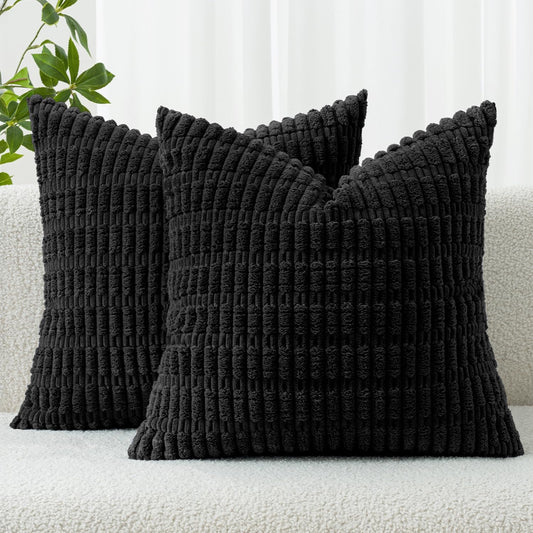 MIULEE Corduroy Throw Pillow Covers - Soft Boho Striped Design | 18x18 Inch | Modern Farmhouse Decor in Black