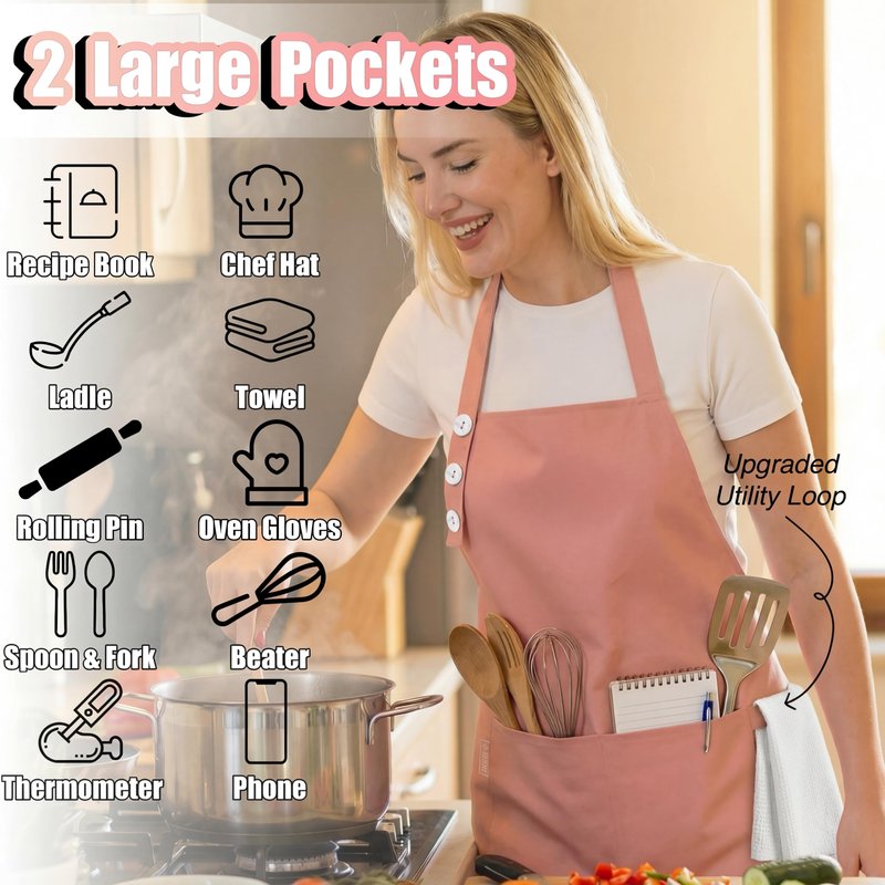 TOSHE Kitchen Apron Waterdrop Resistant Cotton Apron with adjustable Aprons for Women with Pockets 10 Color option Cooking Powder Pink Apron (Powder Pink)