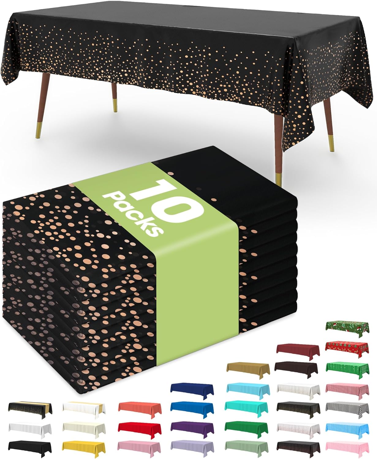 Pureegg Disposable Table Cloths - 10 Pack, 54 x 108 Inch, Leakproof & Sturdy for Graduation 2026 | Black & Rose Gold
