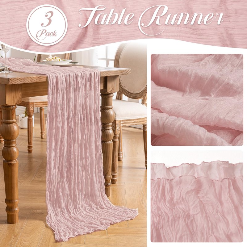 Leetaltree Cheesecloth Table Runner with Wrinkle Texture - 35x120 Inch 10 FT Crinkled Gauze Table Runner for Wedding, Party & Home Decor - Elegant Scarf Table Runner (Pink, 3 Pack)
