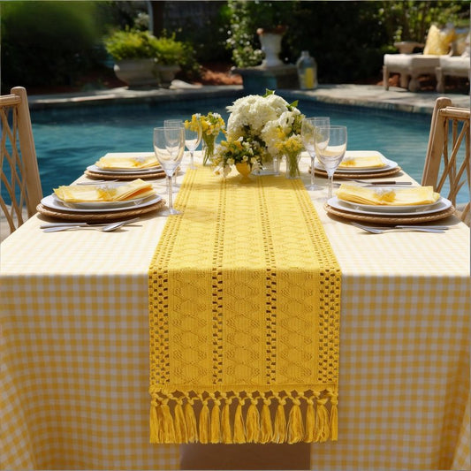 Socomi Boho Table Runner Summer Farmhouse Rustic Dining Kitchen Centerpiece Decor Small Macrame Woven Cotton Linen Coffee Table Runner for Dresser Scarf Home Decor 12x48 in Yellow Gold
