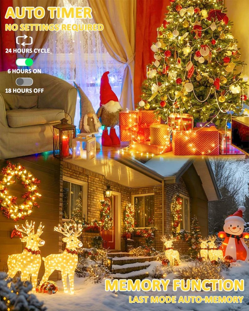 2 Pack String Lights Battery Operated with Timer, 66FT 200 LED Waterproof Battery Twinkle Lights, 8 Modes Fairy Light for Indoor & Outdoor Party Bedroom Porch Tree Christmas Decorations (Warm White)