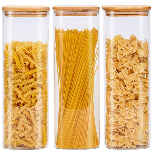 Spreccio Square Glass Food Storage Jars with Lids 2.47 Qt [Set of 3], Perfect for Pasta, Cookies, Nuts, Coffee, Cereal, Flour, Organize Your Kitchen and Pantry with BPA-Free Glass Jars with Canisters