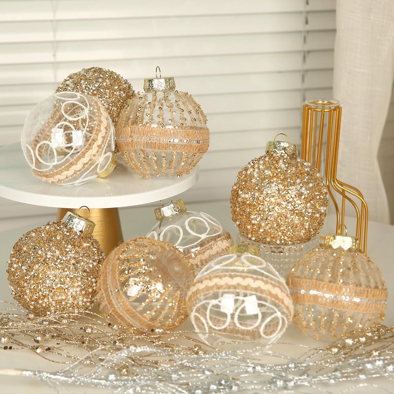 9 Pcs 80mm/3.15" Christmas Ball Ornaments Set, Large Clear Champagne Christmas Tree Decorations Plastic Shatterproof Hanging Balls for Xmas Glitter Farmhouse Boho Ornaments for Holiday Wedding Party