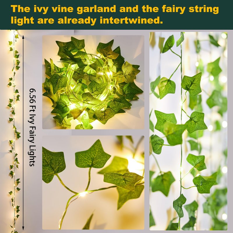 KASZOO 2 Pack 6.56 Ft Vines with Fairy Lights Battery Operated, 40 LEDs Artificial Garland Plant Vine Fairy Light, Hanging Ivy Lights for Bedroom Garden Party Wall Room Decor