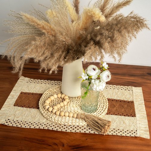 FEXIA Boho Placemats Set of 6, Macrame Table Decor and Farmhouse Style Placemats Natural Cotton Burlap, for Dining Table, Caramel