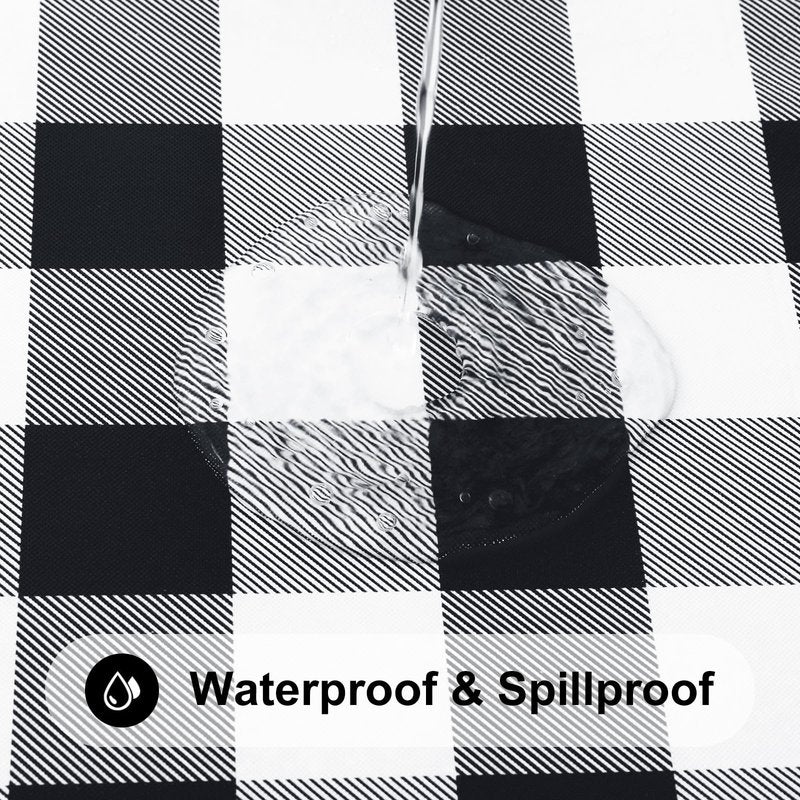Smiry Round Picnic Tablecloth, Elastic Waterproof Fitted Vinyl Tablecloths for 36"-44" Tables, Flannel Backed Buffalo Plaid Table Cover for Dining, Camping, Outdoor, Black and White