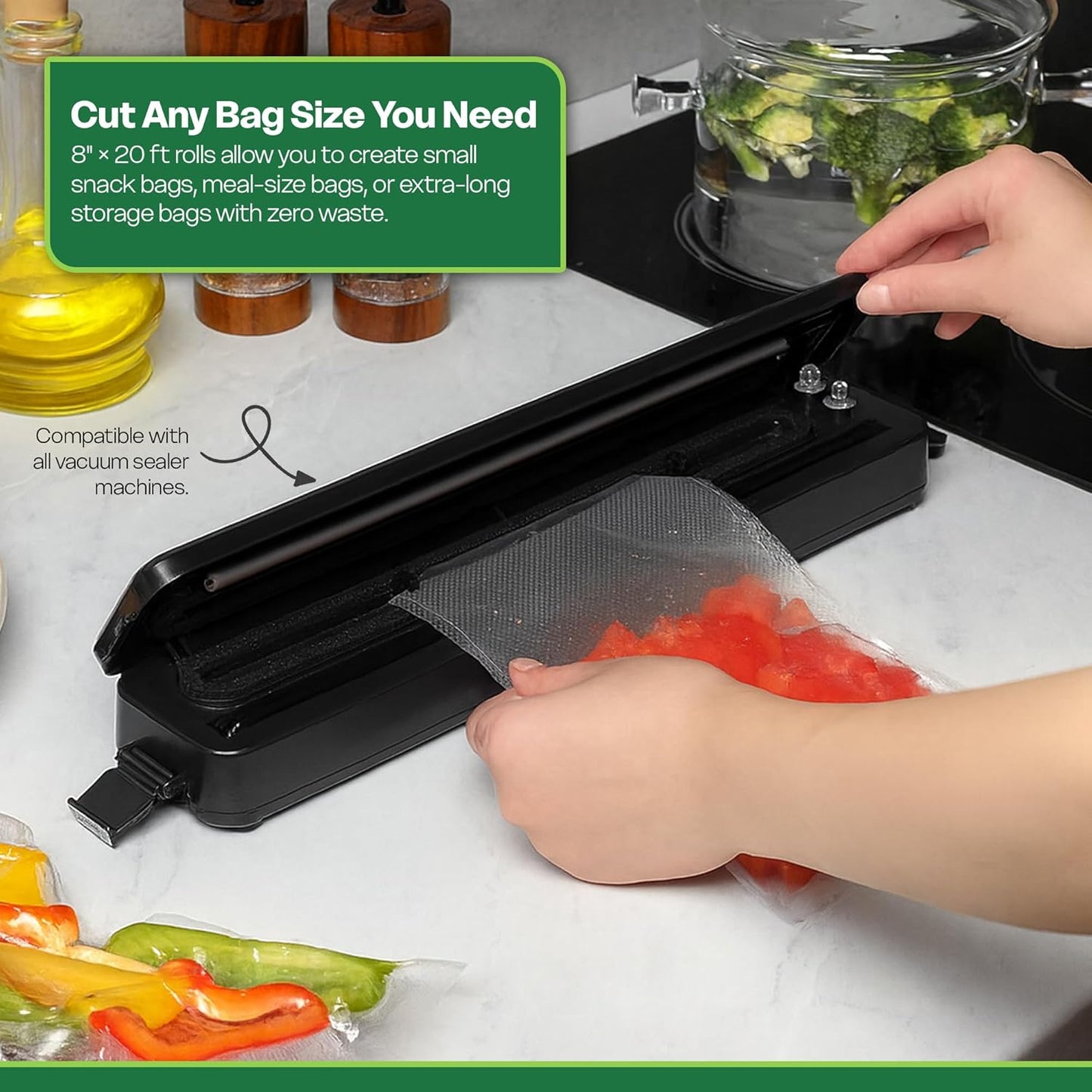 Premium Vacuum Sealer Bag Rolls - Custom Cut for Freezer & Sous Vide - Durable Food Storage, 3 Pack (8"x20')