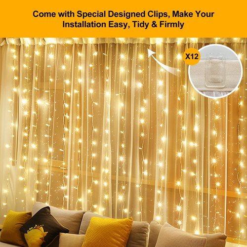 HOLITS 300 LED Fairy Curtain Lights, 9.8 x 9.8FT Warm White USB Plug in 8 Modes Hanging Lights with Remote for Christmas, Bedroom, Indoor, Outdoor, Weddings, Party (Warm White)