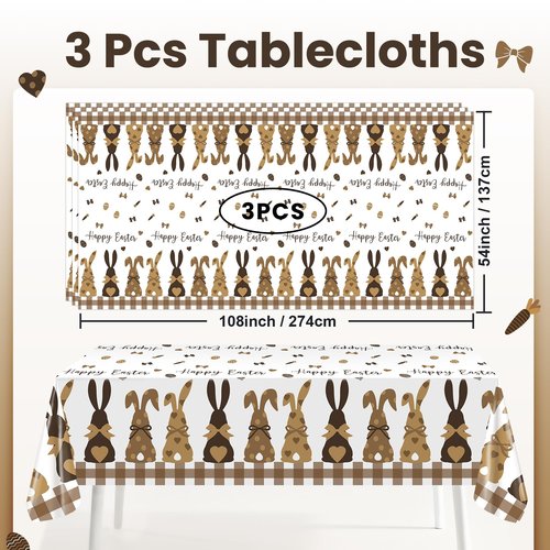 Avezano 3pcs Happy Easter Tablecloth 108 x 54 inch Buffalo Plaid Easter Party Tablecloths Rectangular Brown Bunny Plastic Table Cloth Disposable for Party Decorations