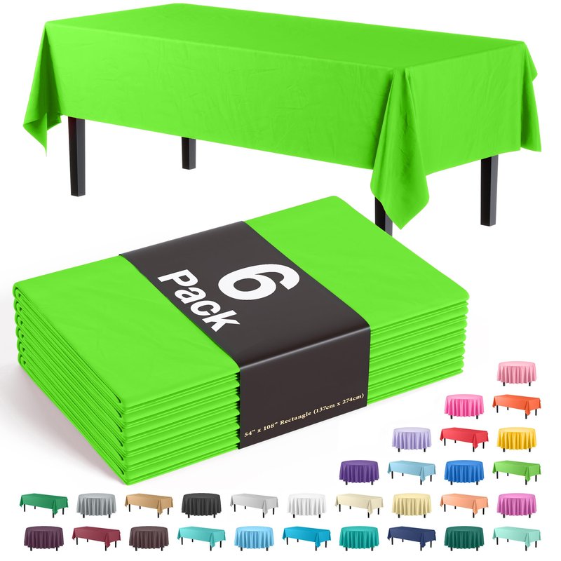 Party Solids Pack Of 6 Premium Plastic Tablecloth 54 Inch x 108 Inch Rectangle Plastic Table Cover - Lime Green