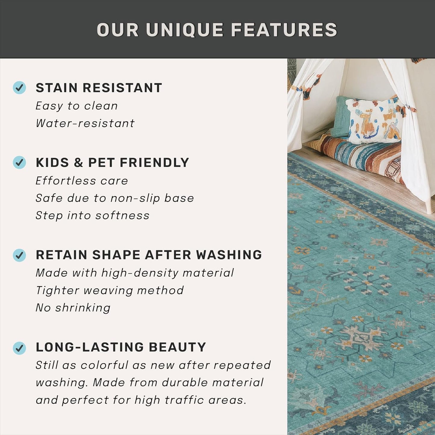 Skiennix Washable Teal Rug - 3x5 Indoor Throw Rug for Kitchen, Bedroom, Bathroom | Non-Slip, Fade-Resistant Boho Décor