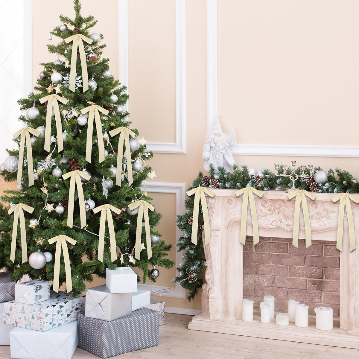 Regine Switzerland 24 Pcs Velvet Bows - Vintage Ribbon for Christmas Tree & Crafts | Beige, 9 x 13 Inch