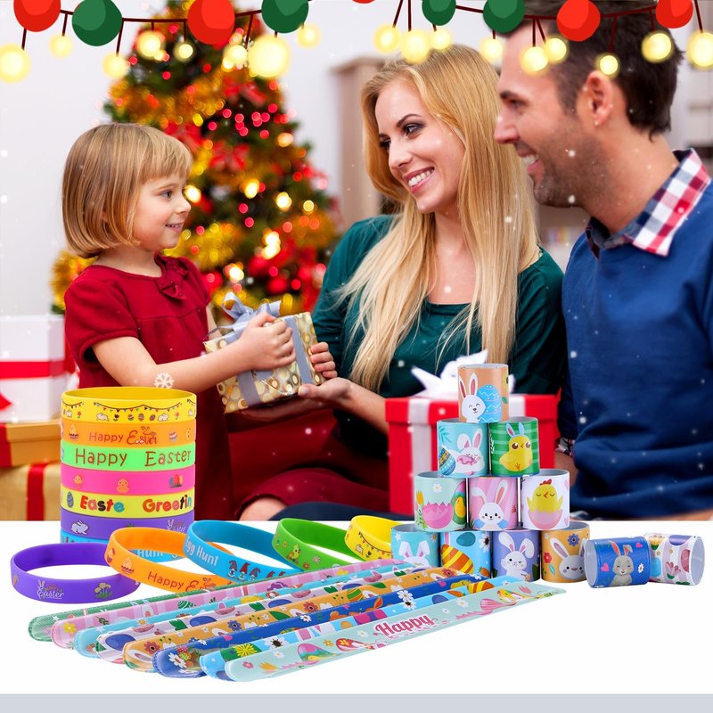 xutengy 48Pcs Easter Party Favors Decorations Slap Bracelets Rubber Wristbands for Kids Girls Boys，Easter Basket Stuffers Easter Egg Fillers Gifts for Toddlers