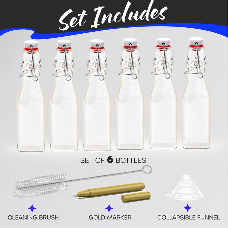 Nevlers 8.5 Oz Square Swing Top Glass Bottles with Stoppers | Flip Top Glass Bottle with Lid 6 Pack | Liquor Bottle Set w/Funnel, Brush & Marker | Water, Dressing & Homemade Vanilla Extract Bottles