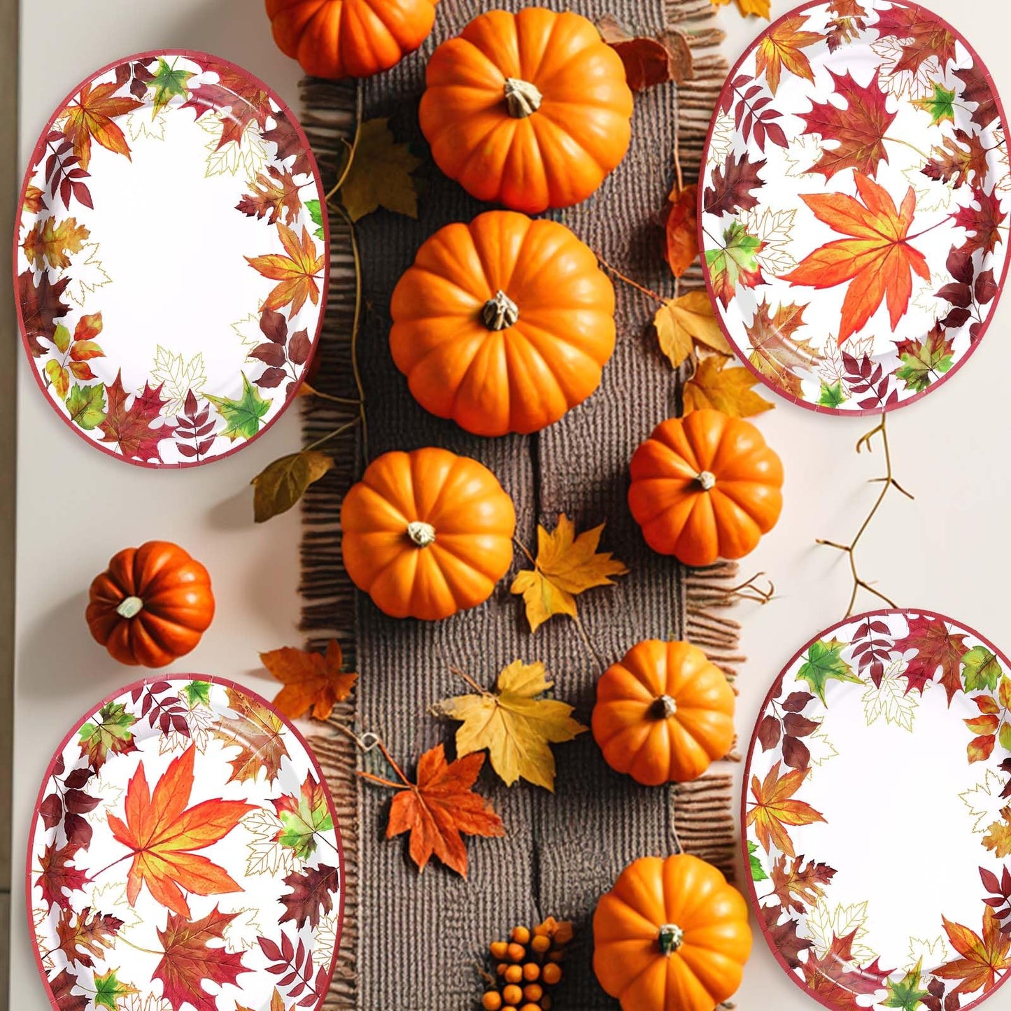 Grencian 50Pcs Fall Pumpkins Oval Paper Plates 10" x 12" Large Disposable Heavy Duty Thanksgiving Watercolor Blue and White Pumpkin Paper Plates for Fall Harvest Thanksgiving Party Supplies