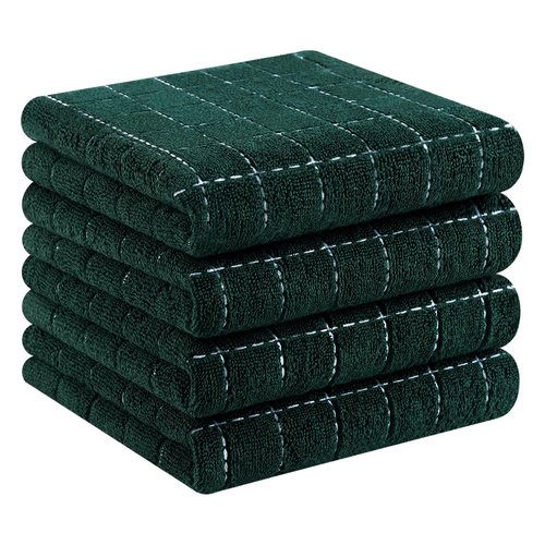 Homaxy 100% Cotton Terry Kitchen Towels(Blackish Green, 13 x 28 inches), Checkered Designed, Soft and Super Absorbent Dish Towels, 4 Pack