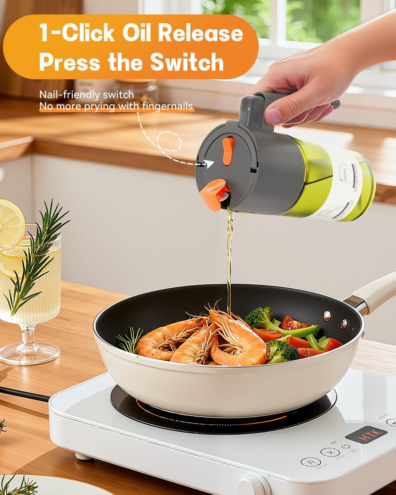 OURCABECUE Upgrade 2 in 1 Oil Sprayer for Cooking, 17oz Light-Blocking Glass Olive Oil Dispenser Bottle for Kitchen,Food-Grade Oil Mister with 8 Stickers for Salad, Frying (Green Bottle-Grey Gap)